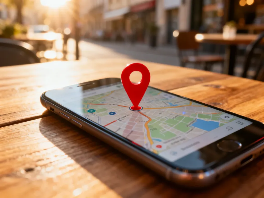 Smartfon z wyświetloną mapą Google i czerwoną pinezką lokalizacji na ekranie, leżący na drewnianym stoliku kawiarnianym.