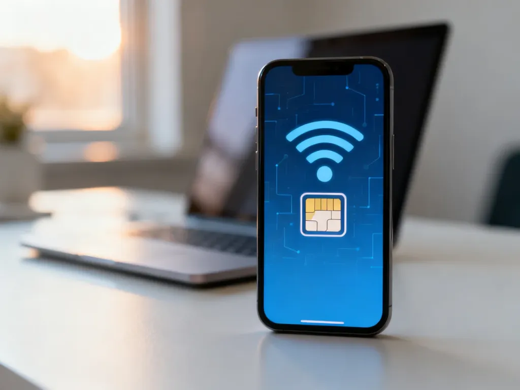 Ekran smartfona z ikonami sieci bezprzewodowej, symbolizujący proces aktywacji technologii eSIM.