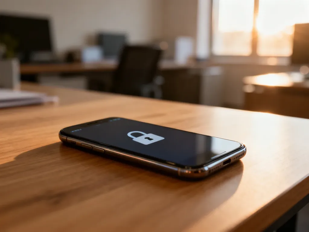 Smartfon z ikoną blokady na ekranie leżący na biurku, symbolizujący proces odzyskiwania dostępu do karty SIM.