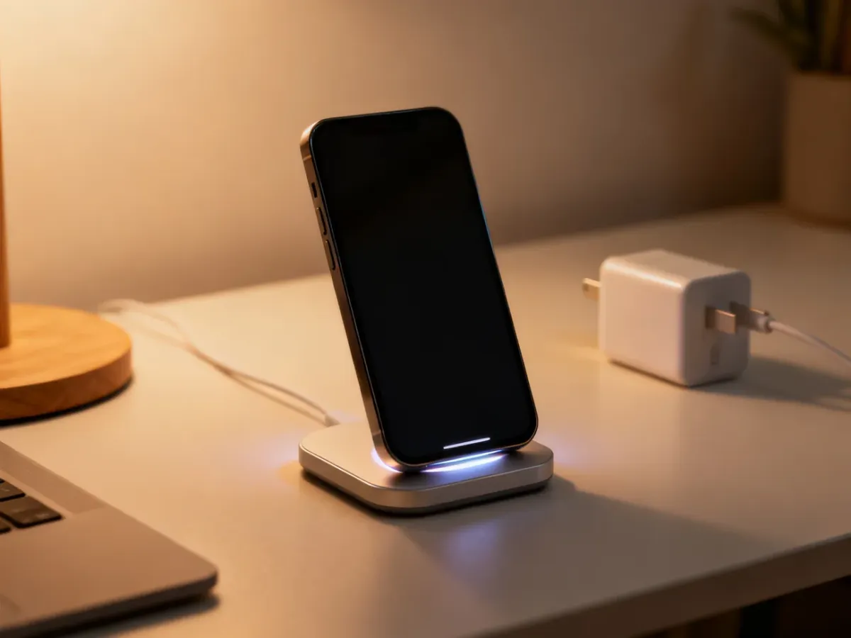 Smartfon prawidłowo ułożony na bezprzewodowej ładowarce na biurku