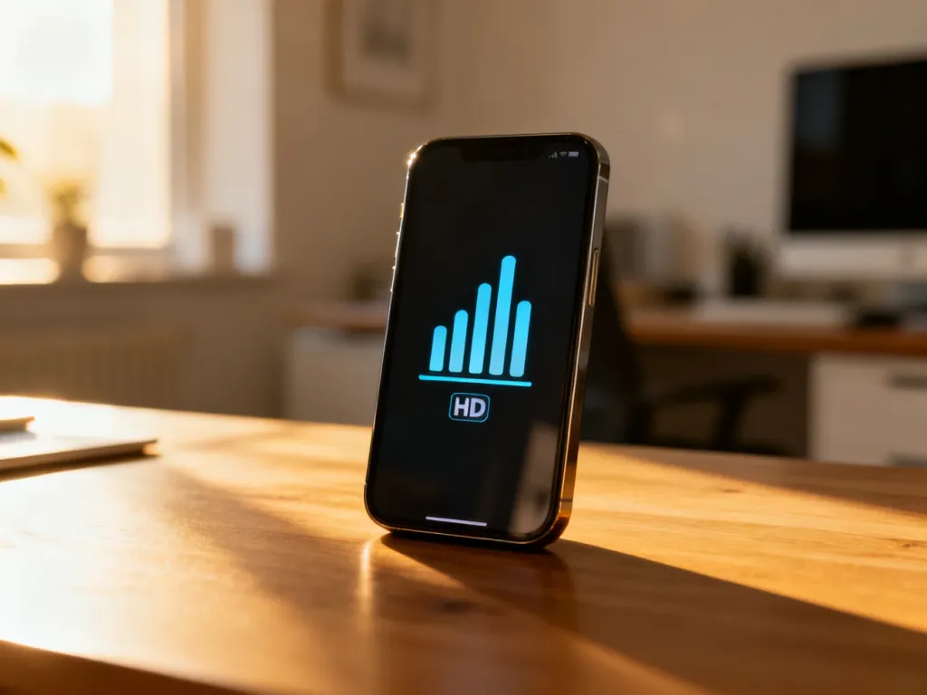 Nowoczesny smartfon na biurku z ikoną HD na ekranie, symbolizującą wysoką jakość połączeń głosowych w technologii VoLTE.