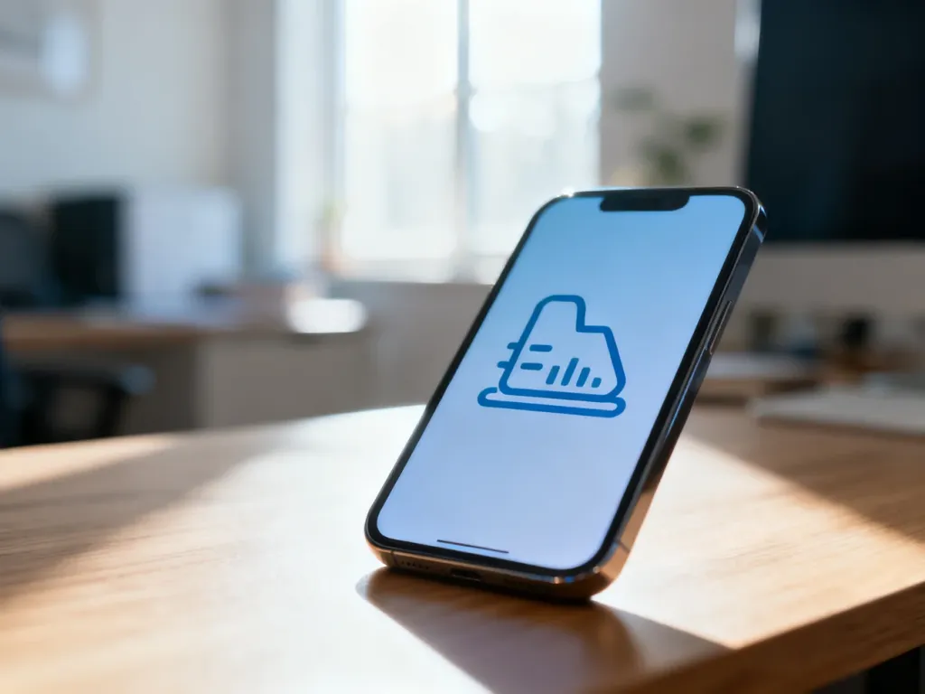 Nowoczesny smartfon na biurku z wyświetloną grafiką stanu konta w jasnym, domowym biurze.