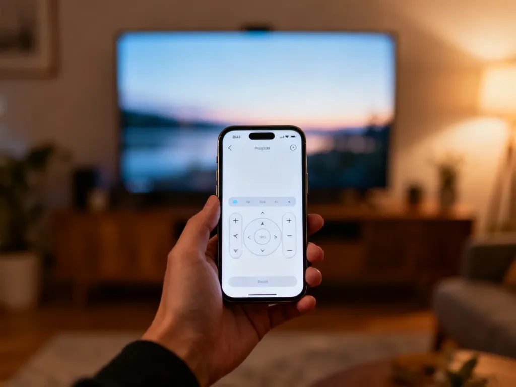 Dłoń trzymająca smartfon z aplikacją pilota do telewizora, skierowany w stronę włączonego odbiornika w przytulnym salonie.