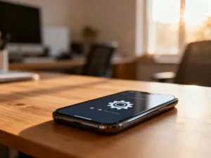 Nowoczesny smartfon z otwartym menu ustawień roamingu, leżący na biurku obok paszportu i kompasu, symbolizujący przygotowanie do podróży.