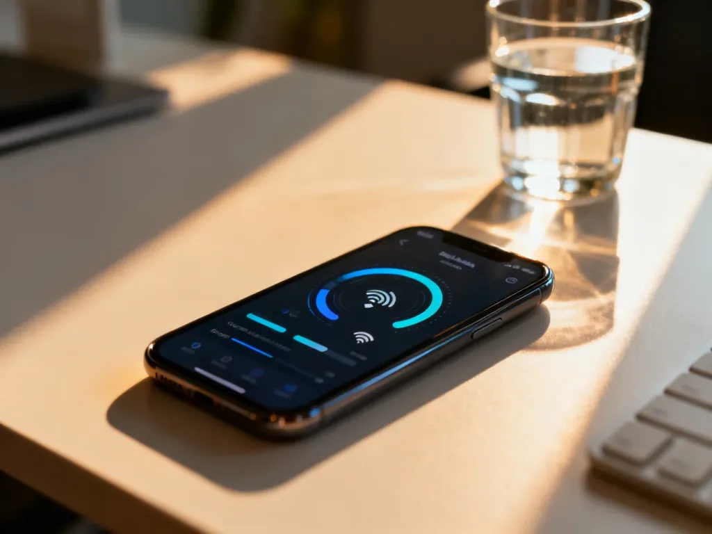 Ekran smartfona z widocznym interfejsem zużycia danych mobilnych na tle nowoczesnego biurka.