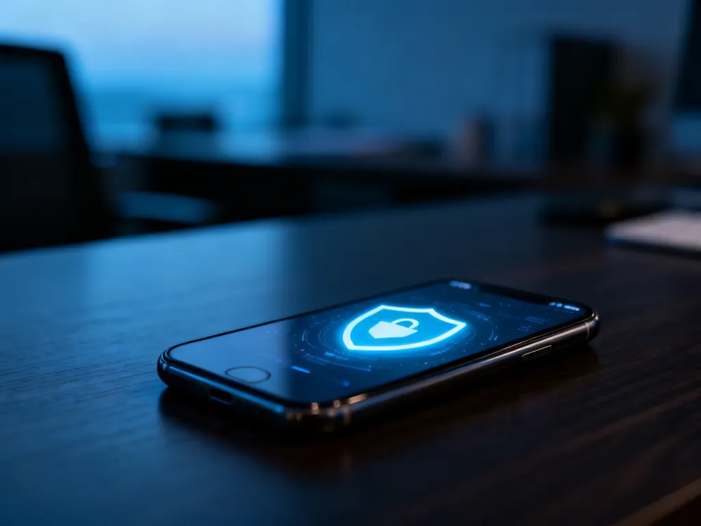 Nowoczesny smartfon z ikoną tarczy na ekranie, symbolizującą prywatność i bezpieczeństwo połączeń.