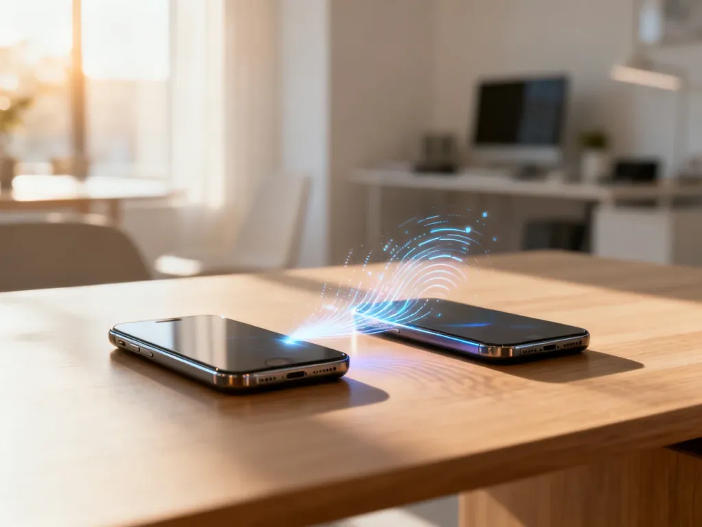 Dwa smartfony leżące obok siebie na biurku, między którymi przesyłane są dane, symbolizujące proces migracji na iPhone'a.