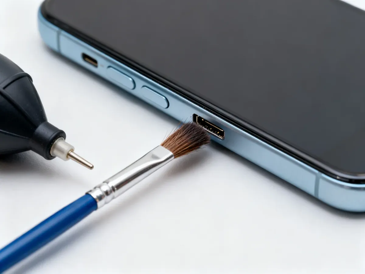 Bezpieczne czyszczenie portu ładowania smartfona miękką szczoteczką