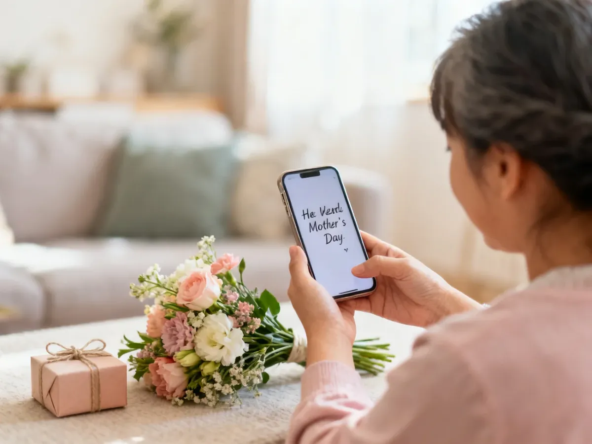 Telefon z przygotowaną wiadomością obok bukietu kwiatów i prezentu na Dzień Matki