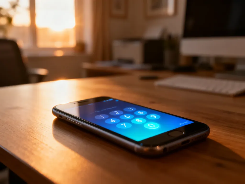 Nowoczesny smartfon z wyświetloną klawiaturą numeryczną na drewnianym biurku w słonecznym biurze.