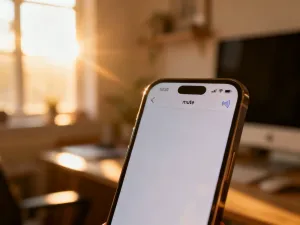 Nowoczesne stanowisko pracy z telefonem, słuchawkami i tabletem w tle biura obsługi klienta.