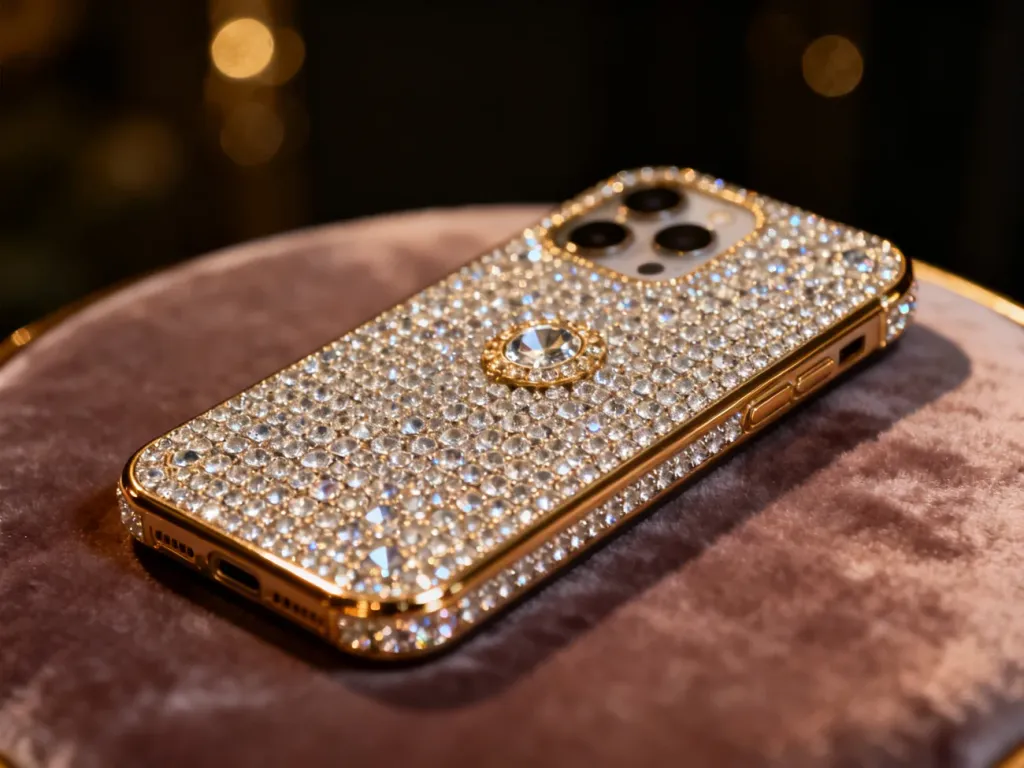 Luksusowy smartfon wysadzany diamentami i złotem, spoczywający na aksamitnym podłożu w eleganckim oświetleniu.