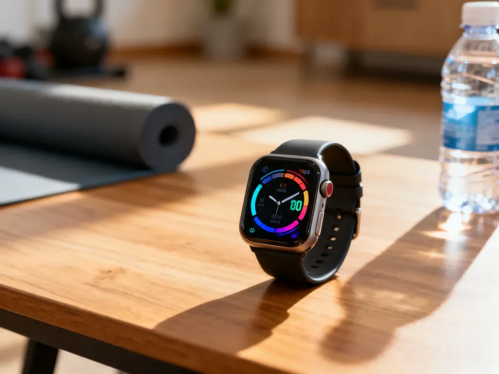 Nowoczesny smartwatch z kolorowym interfejsem na drewnianym biurku, w otoczeniu akcesoriów do ćwiczeń.