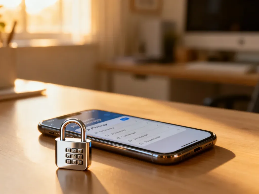 Nowoczesny smartfon z otwartym menu ustawień prywatności oraz ikona kłódki na biurku, symbolizujące ochronę numeru telefonu.