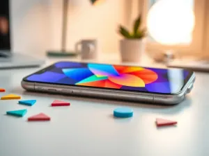 Nowoczesny smartfon z ekranem edge-to-edge na biurku, podkreślający smukłą ramkę i aparat w minimalistycznym workspace.