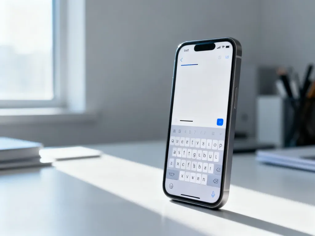 Ekran starego telefonu z migającym kursorem na tle nowoczesnego biurka, symbolizujący pisanie wiadomości SMS.