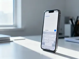 Smartfon z ikoną ustawień na drewnianym biurku, symbolizujący proces sprawdzania informacji w telefonie.