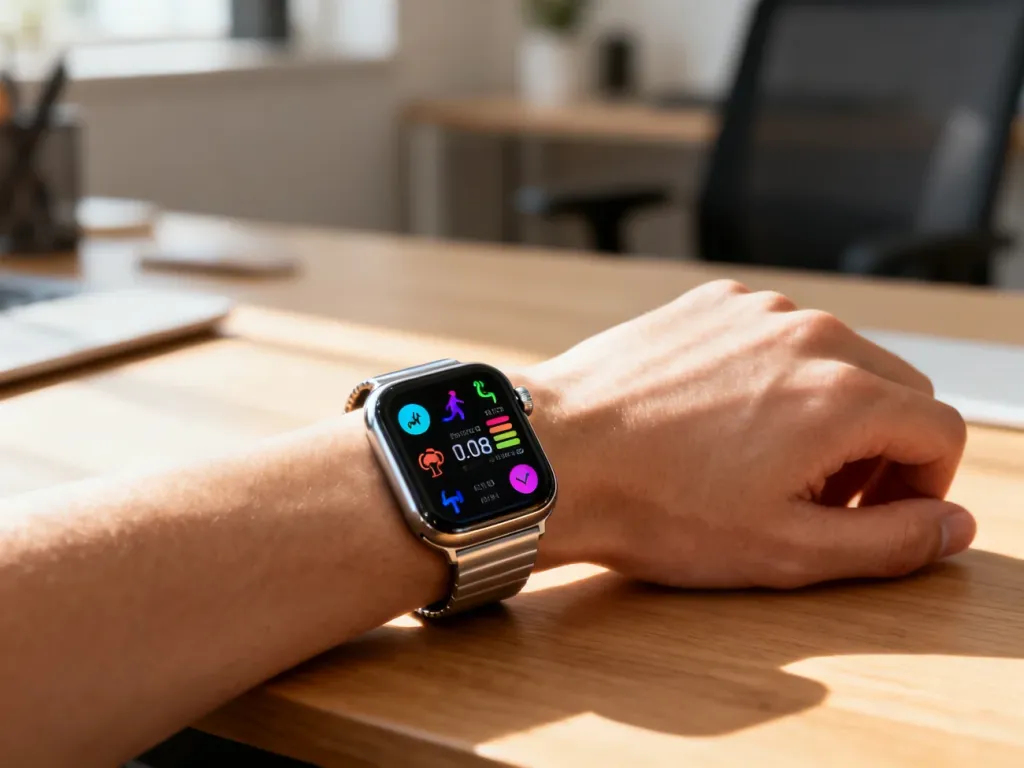 Nowoczesny smartwatch na nadgarstku z widocznymi ikonami śledzenia aktywności fizycznej na ekranie.