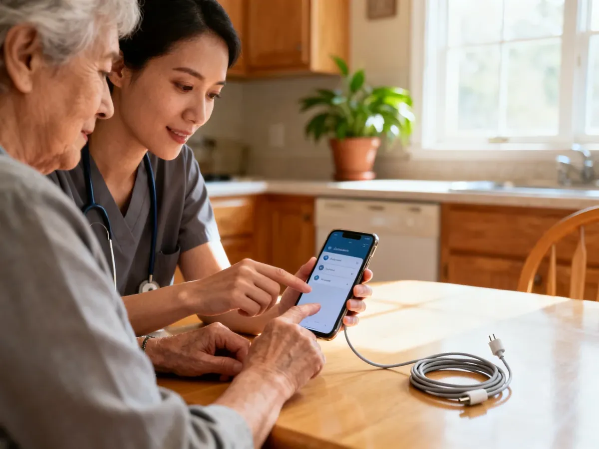 Caregiver helping a senior configure a smartphone