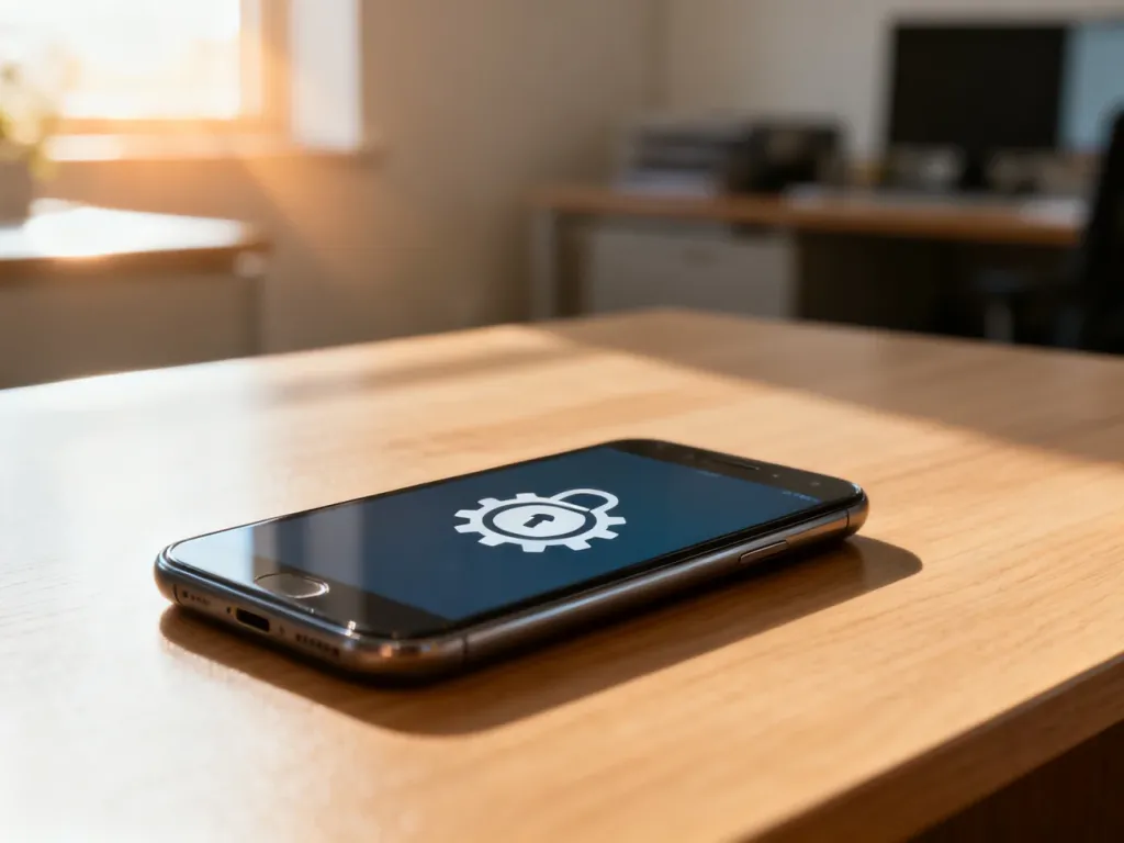 Nowoczesny smartfon z ikoną ustawień zabezpieczeń na ekranie, leżący na drewnianym biurku.