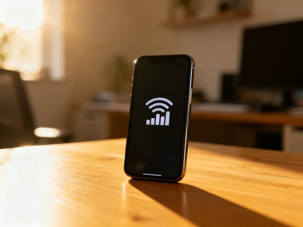 Nowoczesny smartfon z widoczną ikoną zasięgu na ekranie, symbolizujący proces przenoszenia numeru do sieci nju mobile.