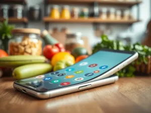 Smartfon z ikoną blokowania powiadomień na ekranie, leżący na drewnianym biurku w domowym biurze.