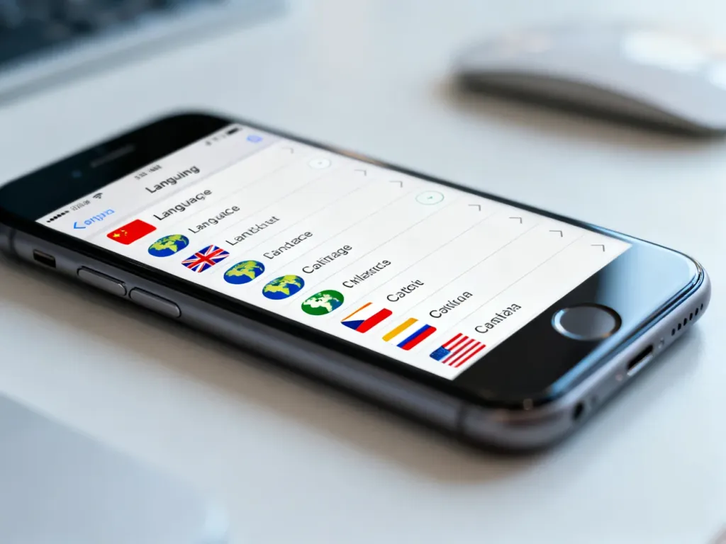 Ekran smartfona z otwartym menu ustawień języka i ikonami flag, ilustrujący proces zmiany konfiguracji klawiatury.