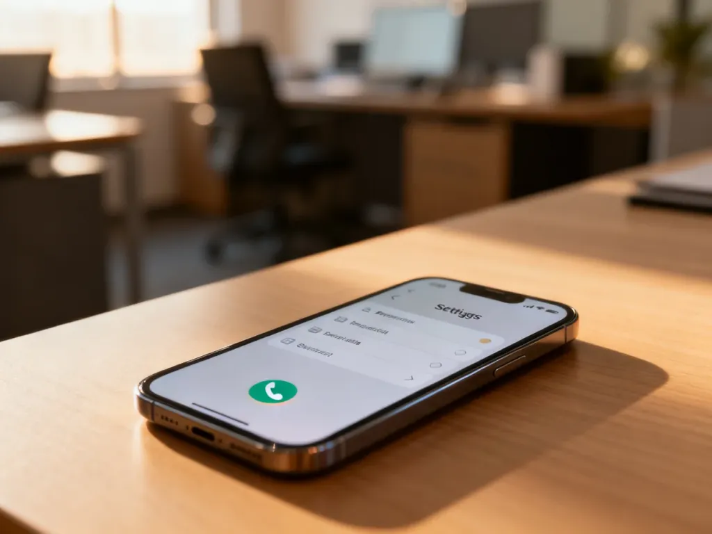 Nowoczesny smartfon z otwartym menu ustawień na drewnianym biurku, ilustrujący proces sprawdzania numeru telefonu.