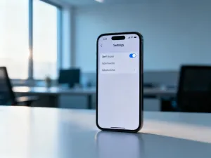 Nowoczesny smartfon na drewnianym biurku z ikoną folderu na ekranie, symbolizujący proces archiwizacji wiadomości SMS.