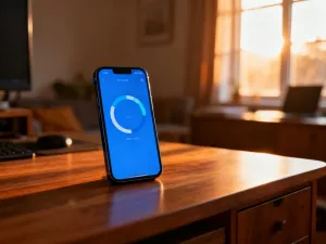 Nowoczesny smartfon leżący na drewnianym biurku w jasnym, uporządkowanym biurze domowym.