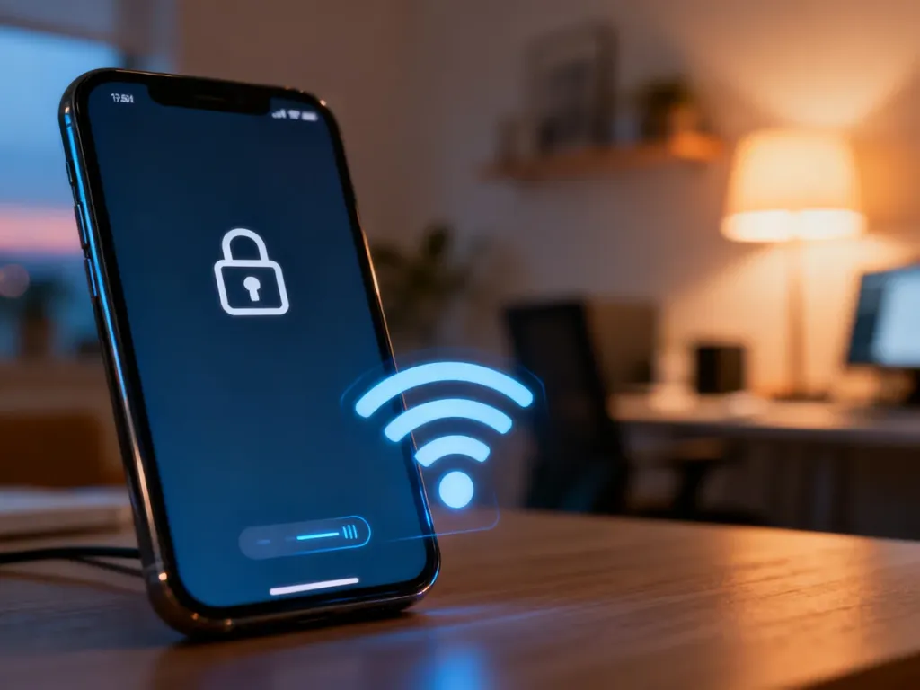 Ekran smartfona z ikoną silnego sygnału Wi-Fi w przytulnym domowym biurze, ilustrujący ustawienia sieci bezprzewodowej.