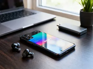 Smartfon z otwartym menu ustawień sieci komórkowej, leżący na biurku obok paszportu i globusa, symbolizujących podróże.