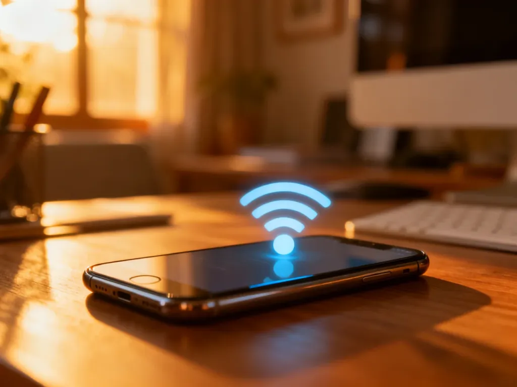 Nowoczesny smartfon z ikoną WiFi na ekranie, leżący na drewnianym biurku w przytulnym domowym biurze.
